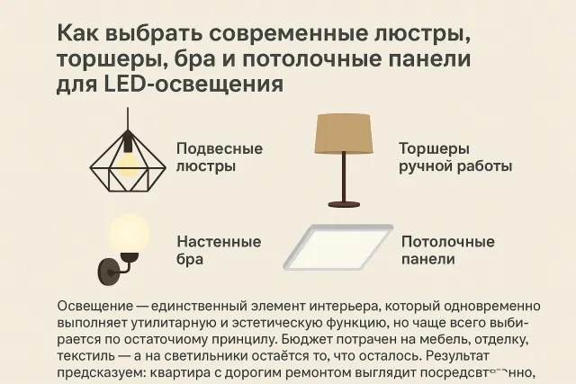Как выбрать современные подвесные люстры, торшеры ручной работы, настенные бра и потолочные панели для LED-освещения